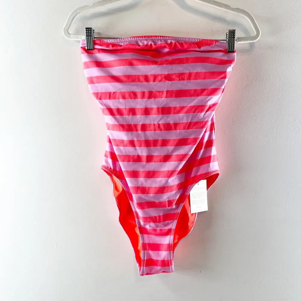 LemLem Dinah One Piece Striped High Cut Strapless Swimsuit Chireti Pink Large